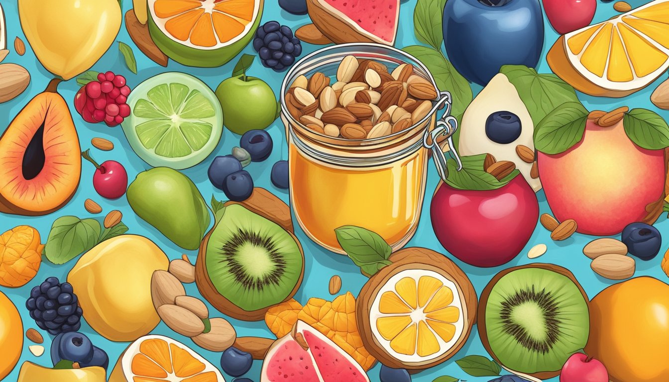 A colorful array of fresh superfood ingredients spills out of a cookie jar, surrounded by vibrant fruits and nuts