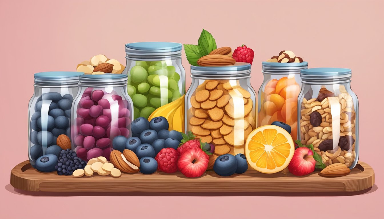 A glass jar filled with colorful superfood cookies, surrounded by fresh fruits and nuts on a wooden serving tray