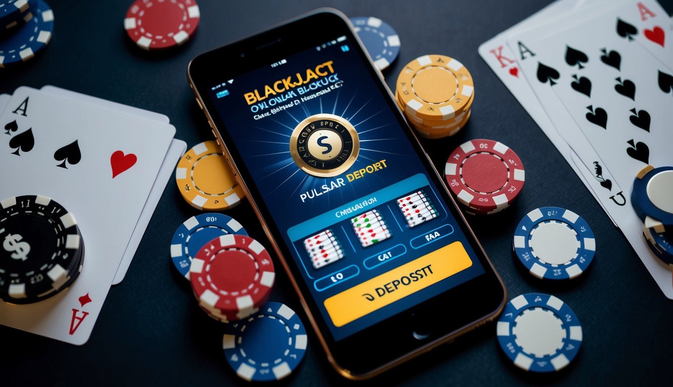 Sebuah smartphone yang menampilkan permainan blackjack online dengan opsi deposit pulsar, dikelilingi oleh chip kasino dan kartu