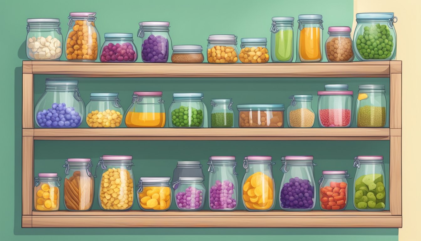 A colorful pantry shelf filled with jars of superfood ingredients and a cookie jar filled with guilt-free sweet treats