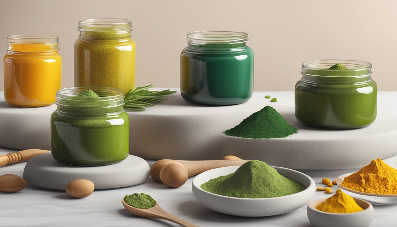 A colorful array of superfood ingredients, including turmeric, matcha, and spirulina, are displayed on a sleek, modern countertop