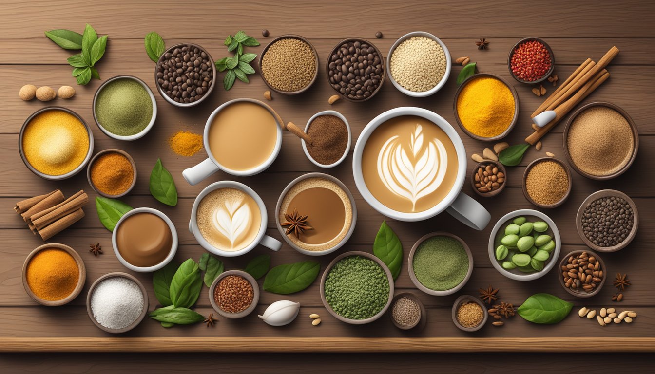 A colorful array of superfood latte ingredients and spices arranged on a rustic wooden bar counter