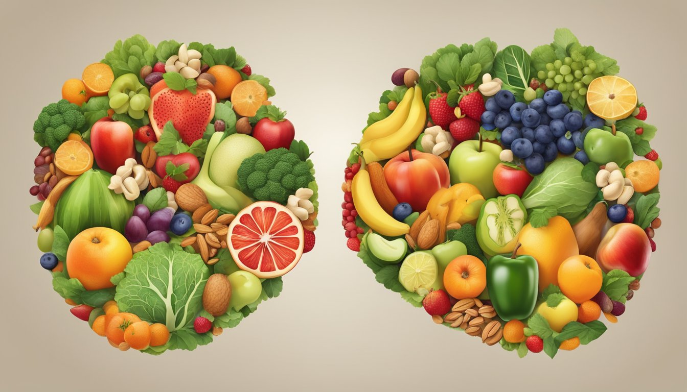 A colorful array of fruits, vegetables, and nuts arranged around a pair of healthy lungs, symbolizing the connection between nutrition and respiratory health