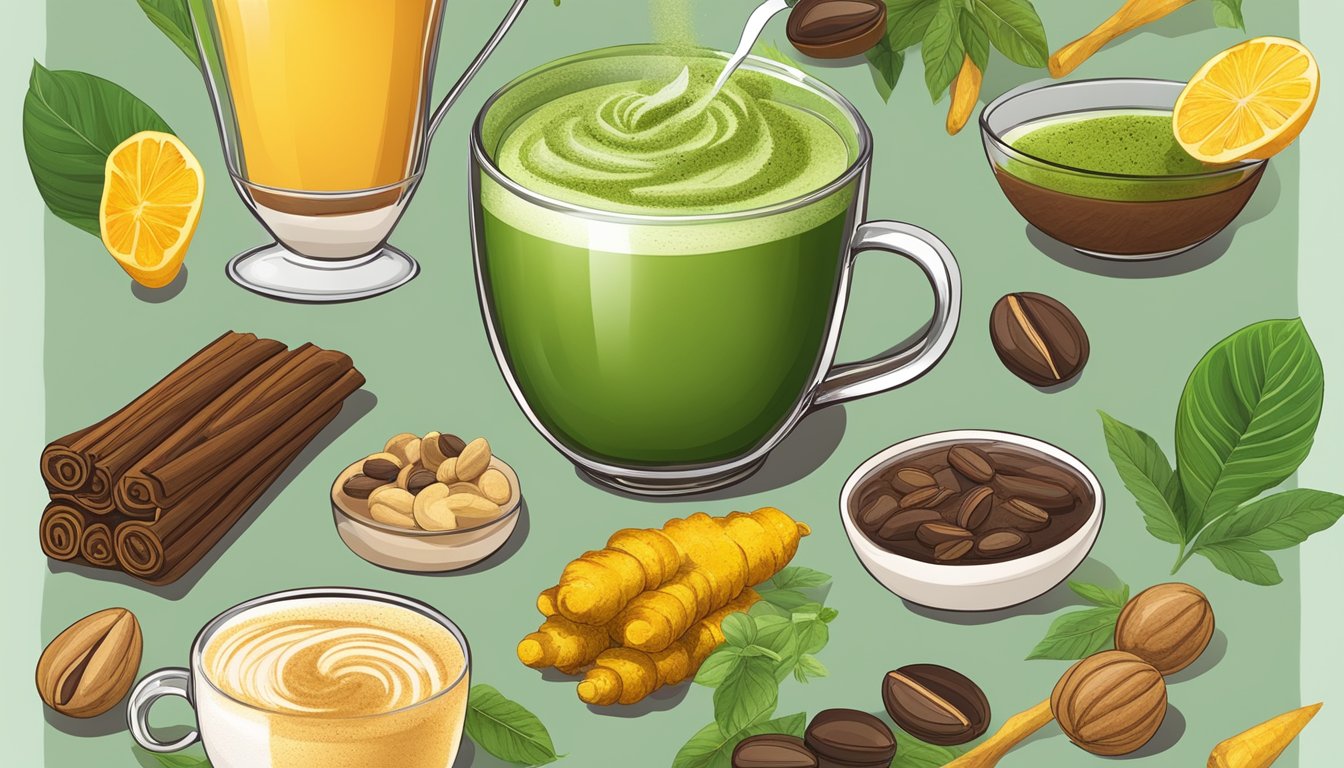 A colorful array of superfood ingredients arranged around a steaming latte, including matcha, turmeric, maca, and cacao