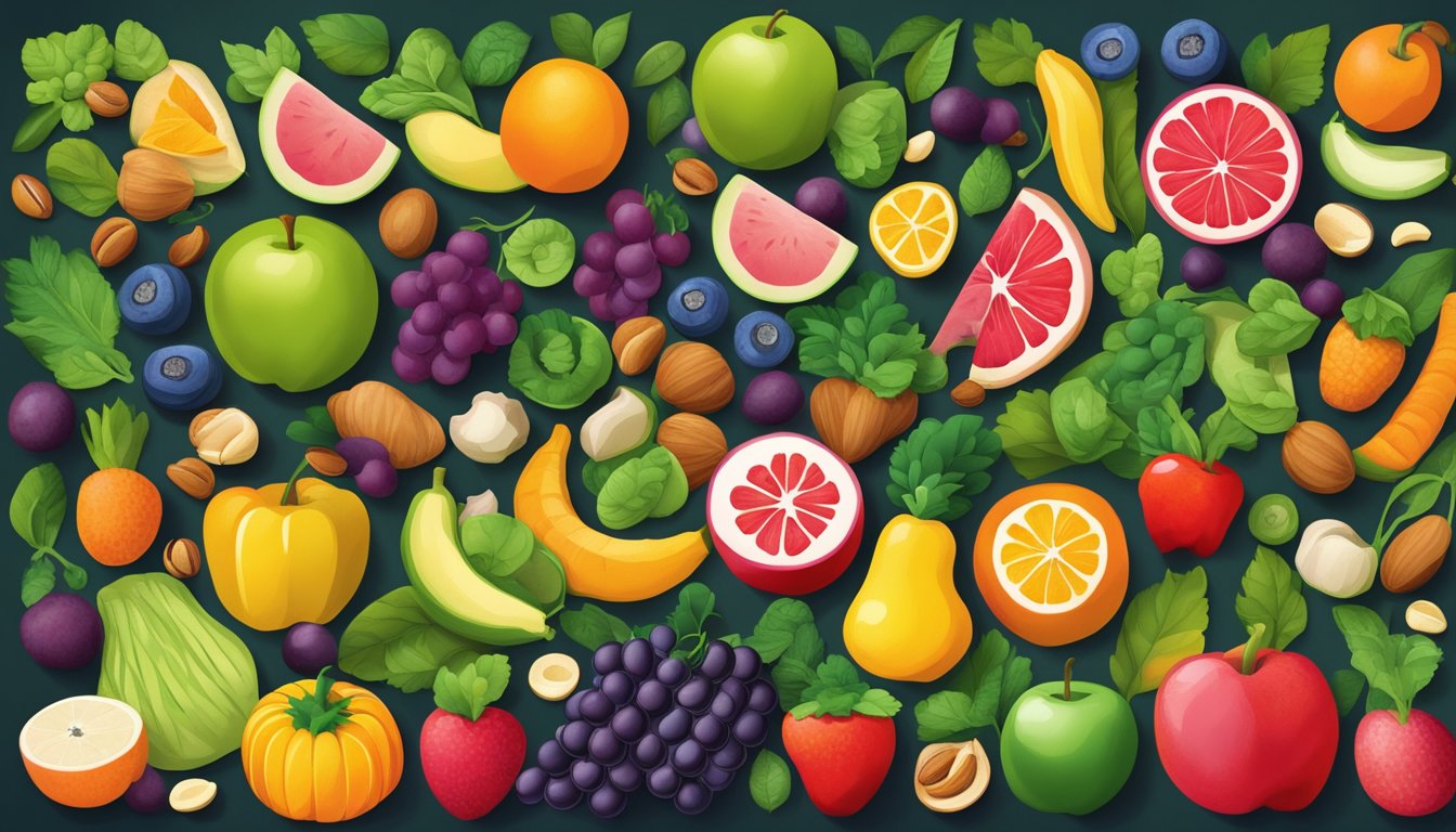 A colorful array of fruits, vegetables, nuts, and seeds arranged in a vibrant and inviting display, symbolizing the nutritional building blocks for healthy lungs and respiratory health