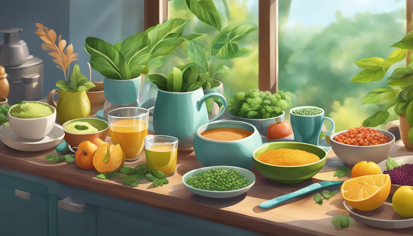 A colorful array of superfood ingredients and steaming mugs, surrounded by lush greenery and natural light