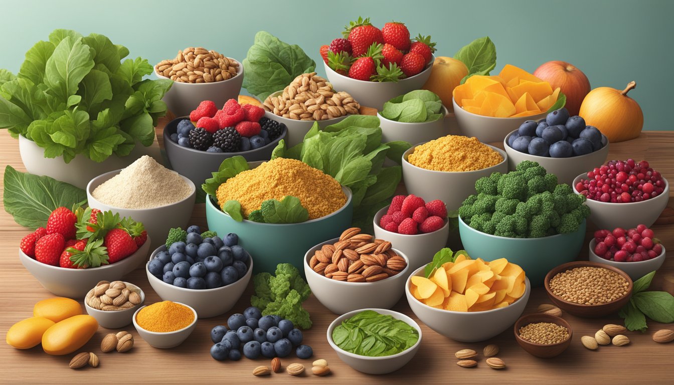 A colorful array of superfoods, such as leafy greens, berries, and nuts, arranged on a wooden table with a backdrop of natural light and greenery