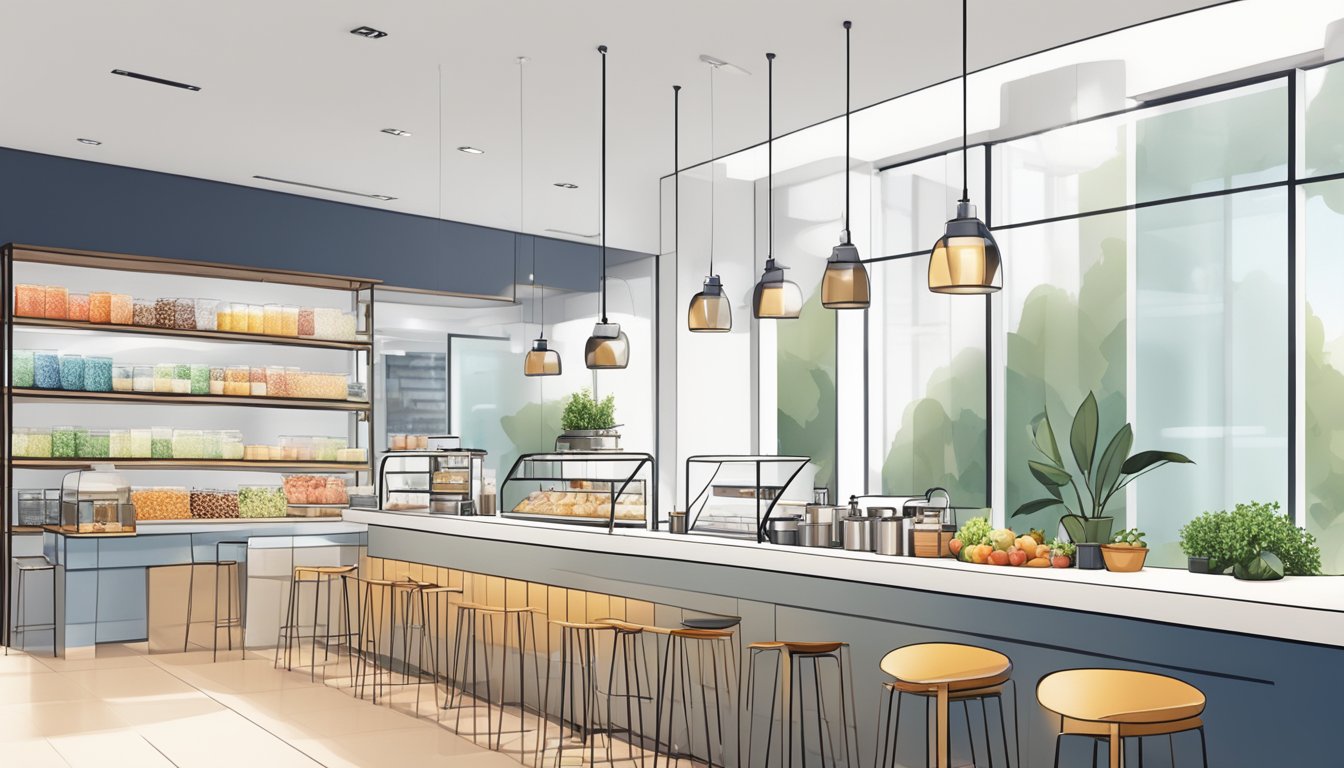 A modern cafe with a sleek, minimalist design. A variety of colorful superfood lattes displayed on a clean, white counter. Bright, natural lighting fills the space