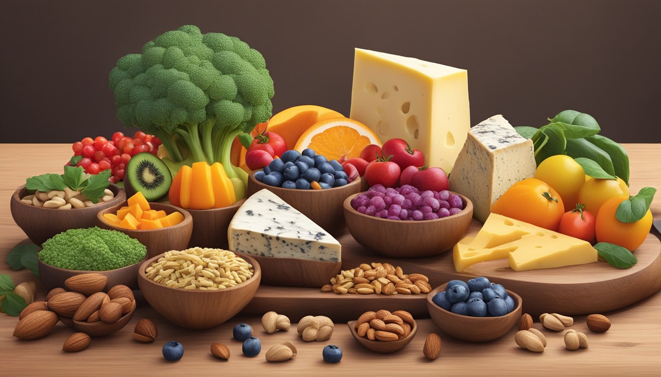 A vibrant array of colorful superfoods arranged on a wooden board, including nuts, fruits, vegetables, and artisanal cheeses