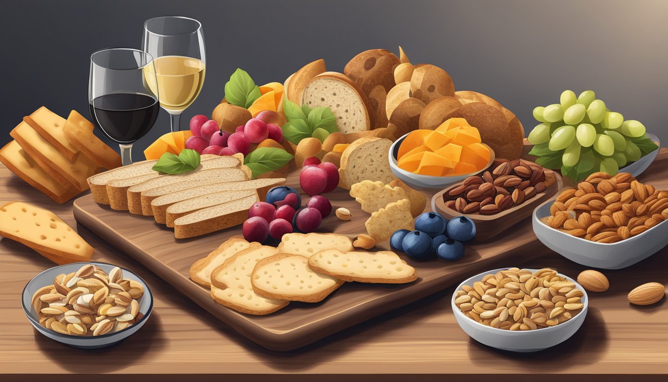 A wooden charcuterie board filled with a variety of breads, crackers, nuts, and fruits arranged in an artful and appetizing display