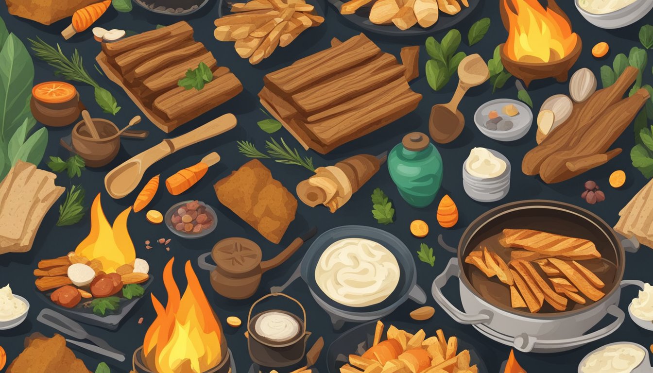 A crackling campfire surrounded by various cooking utensils and fresh, colorful ingredients ready to be used for a nutritious outdoor meal