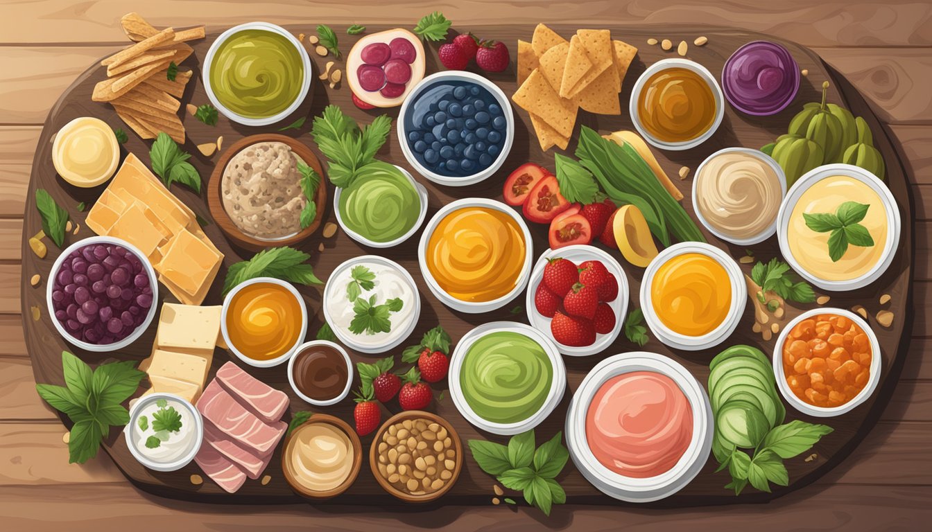 A colorful array of gourmet dips, spreads, and superfood ingredients arranged on a wooden charcuterie board