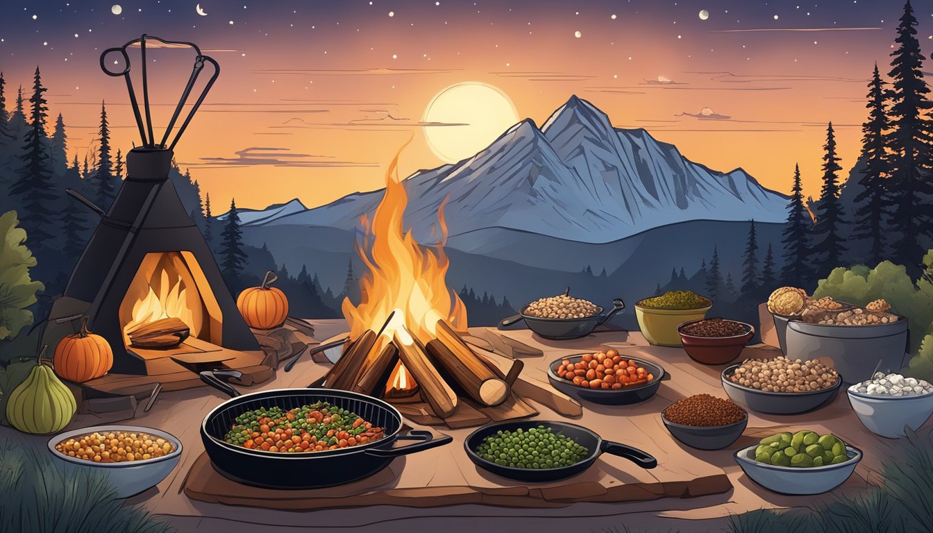 A campfire surrounded by a variety of superfoods being cooked in cast iron skillets and on skewers, with a mountainous backdrop and a clear night sky above