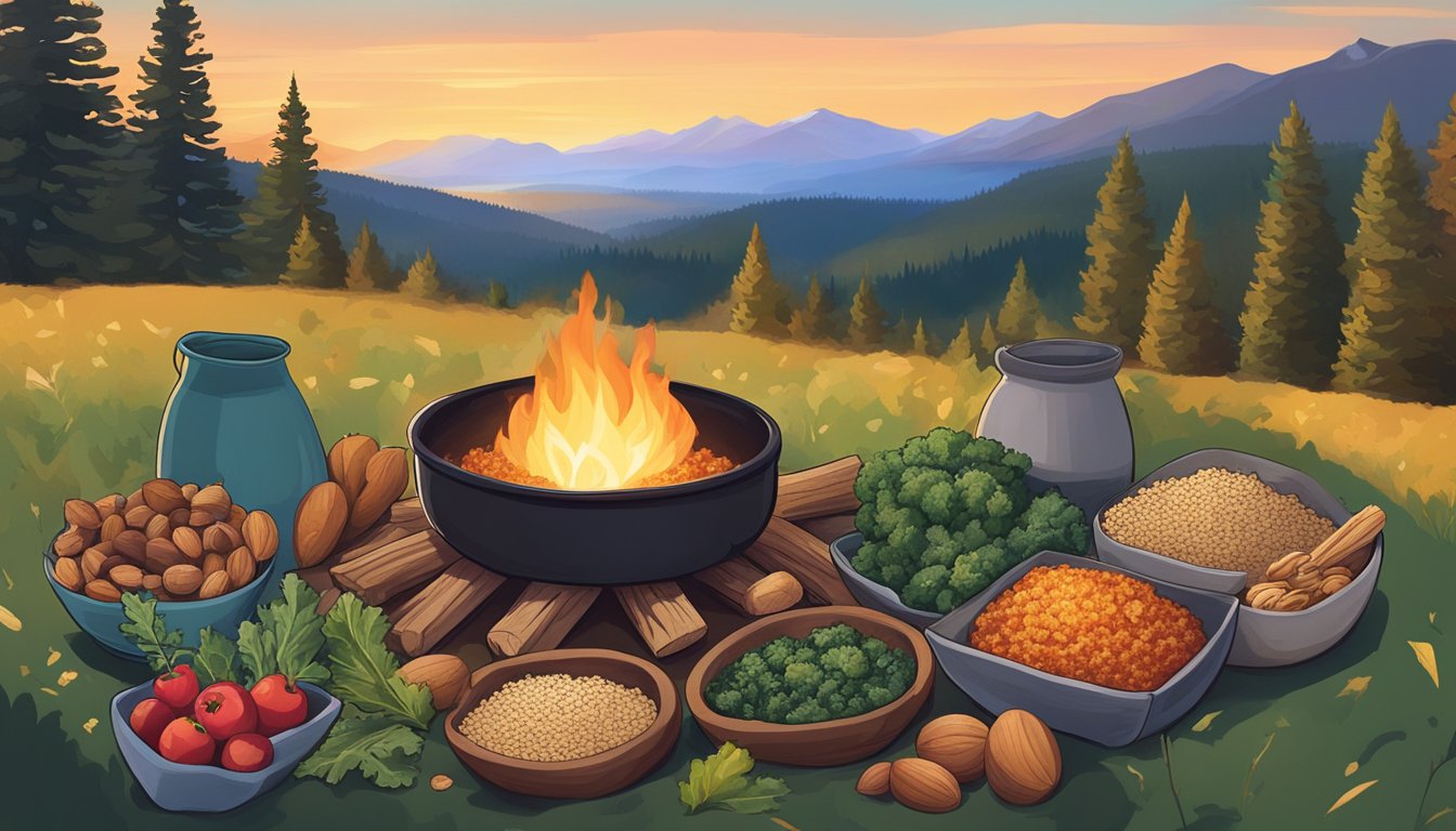 A campfire surrounded by a variety of superfoods such as quinoa, kale, berries, and nuts, with the beautiful Callaghan Valley scenery in the background