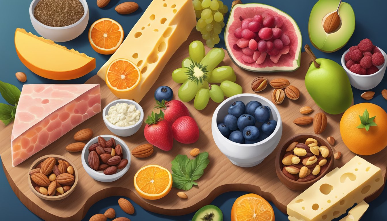 A vibrant array of colorful fruits, nuts, and superfoods arranged on a wooden board, surrounded by artisanal cheeses and meats