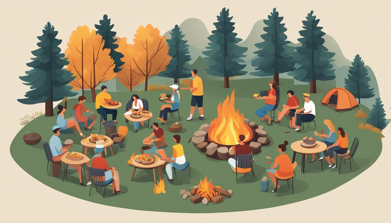 A campfire surrounded by people cooking and enjoying healthy outdoor meals