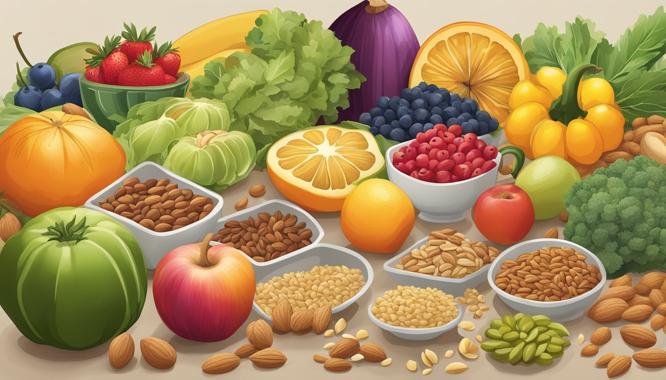 A colorful array of fruits, vegetables, and whole grains arranged on a kitchen counter, with a variety of nuts and seeds scattered around