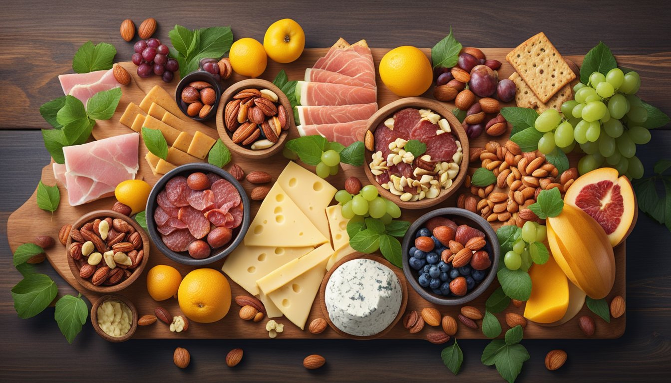 A colorful array of fresh fruits, nuts, cheeses, and cured meats arranged on a wooden board, surrounded by vibrant greenery and artisan crackers