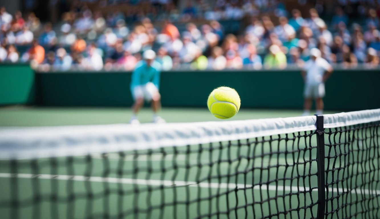 Sebuah bola tenis memantul di lapangan hijau, dikelilingi oleh net dan penonton