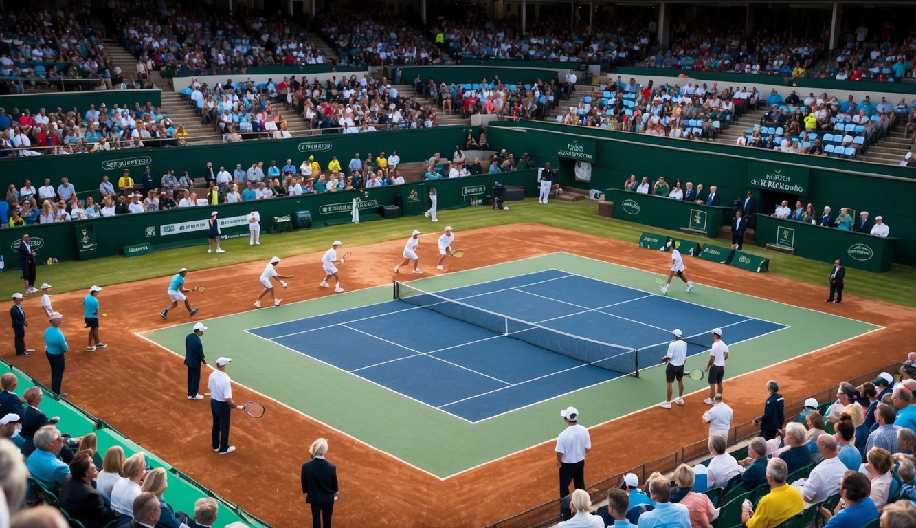 Sebuah lapangan tenis dengan pemain yang sedang bertanding, dikelilingi oleh penonton dan pejabat