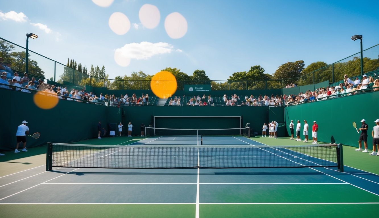 Sebuah lapangan tenis dengan jaring, dikelilingi oleh penonton dan pemain