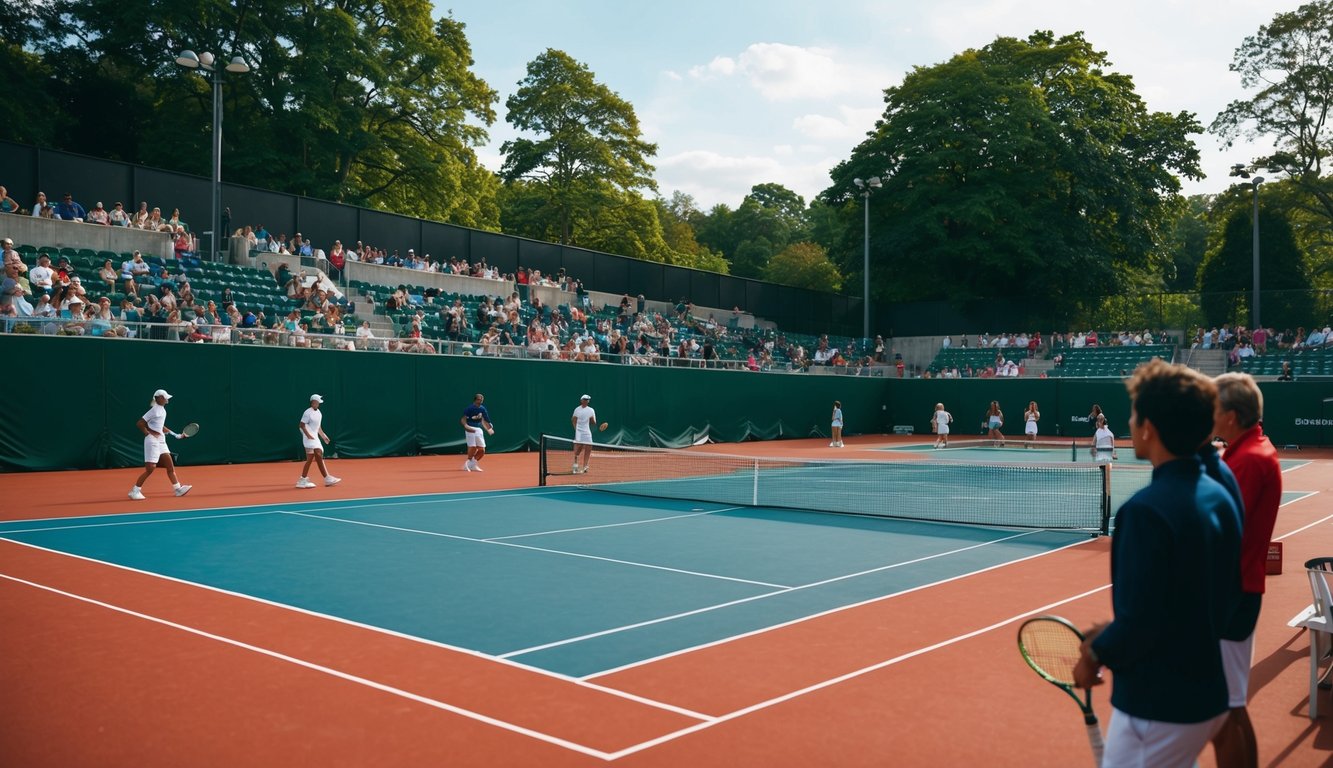 Sebuah lapangan tenis dengan pemain dan penonton