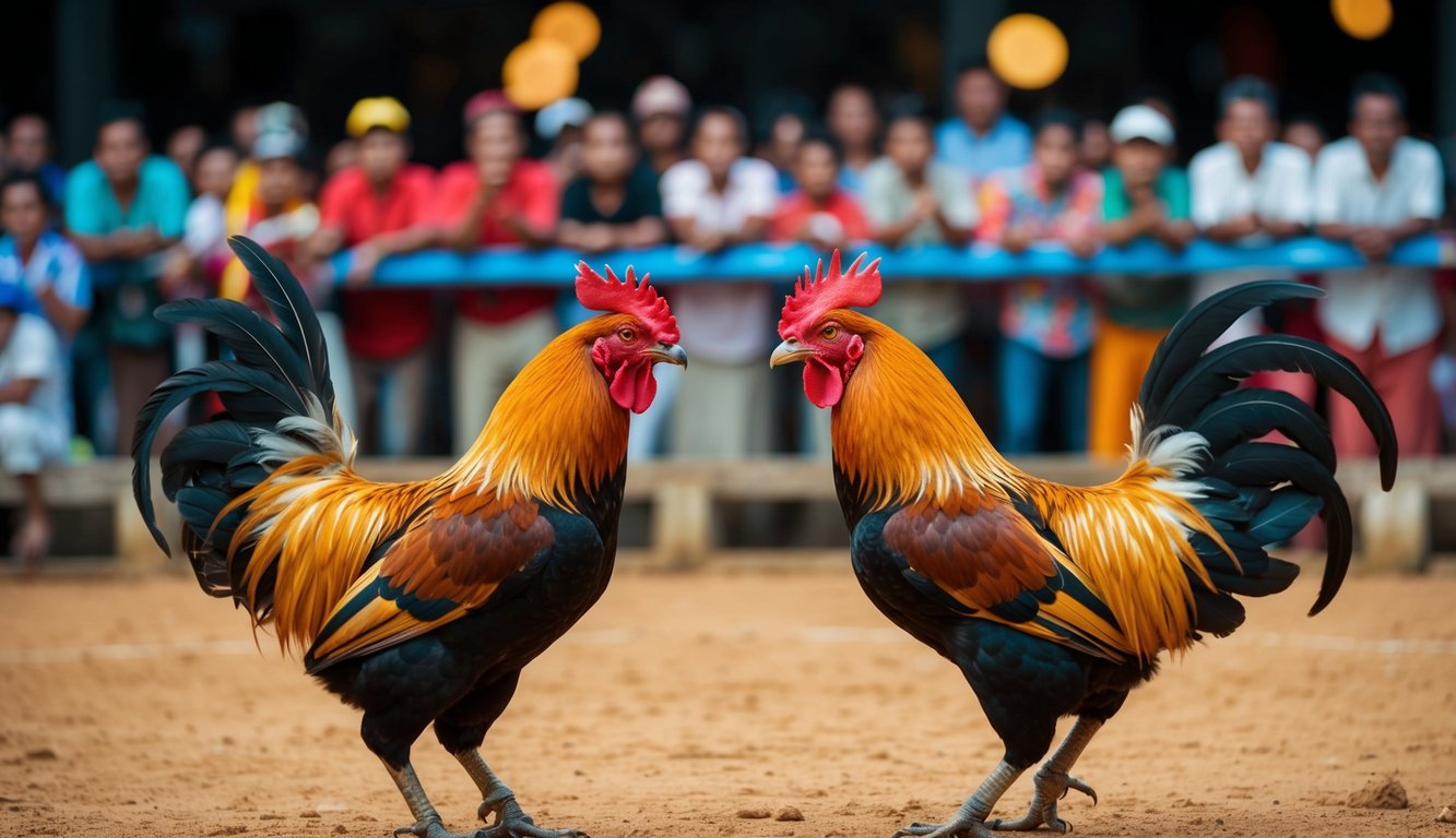 Dua ayam jantan bertarung di arena sabung ayam tradisional Indonesia, dikelilingi oleh kerumunan penonton yang antusias.