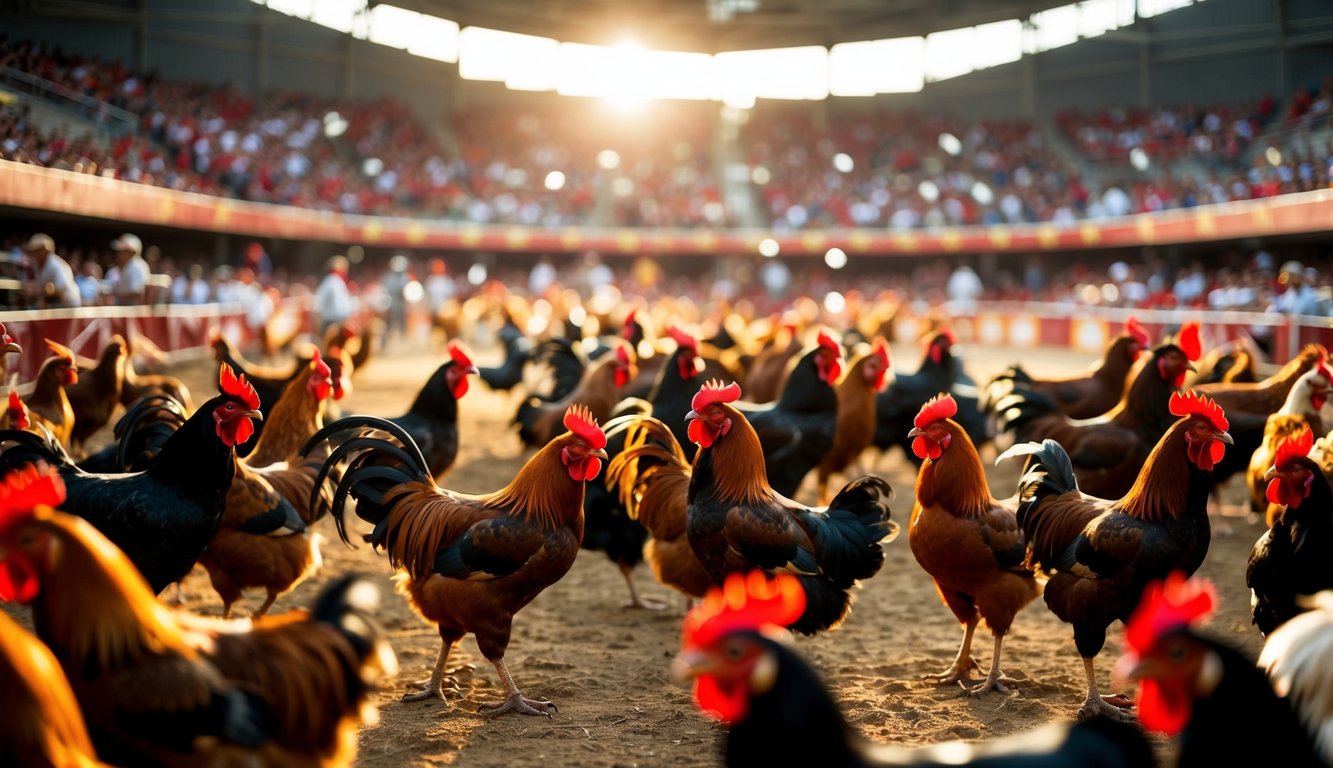 Arena sabung ayam yang terpercaya, ramai dengan penonton dan ayam jantan dalam suasana yang hidup dan kompetitif