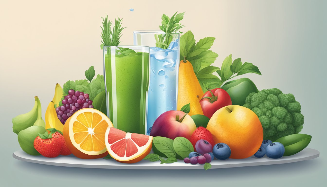 A colorful array of fruits, vegetables, and herbs surround a glass of water, showcasing alternative hydration options for superfoods and electrolyte balance