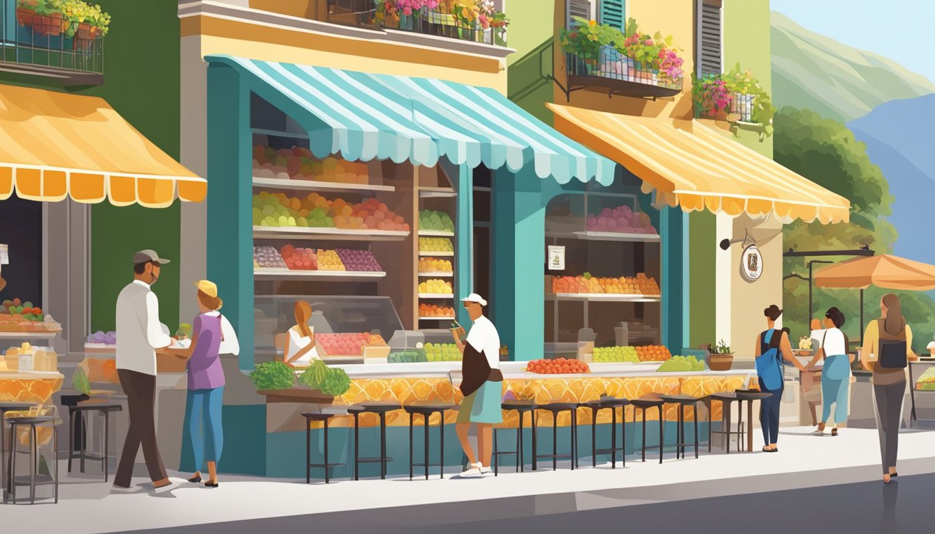 A bustling gelato shop with vibrant colors, a display of fresh fruits, and a backdrop of Italian scenery. Customers enjoy their treats at outdoor tables