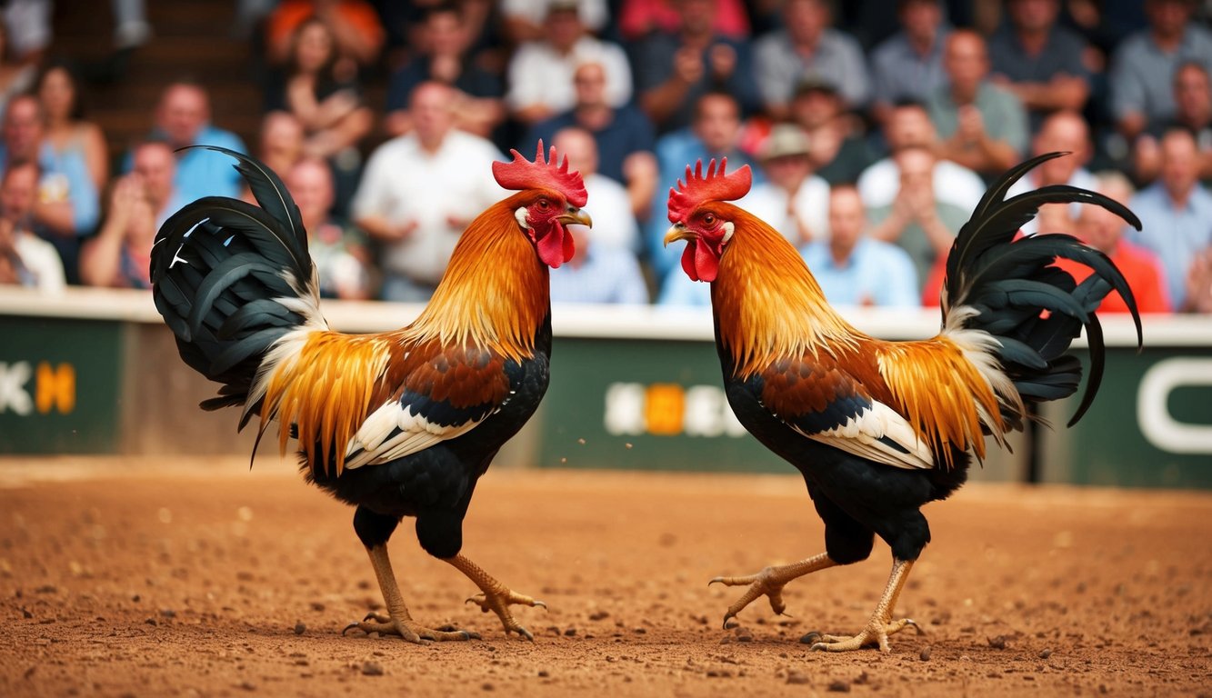 Dua ayam jantan terlibat dalam pertarungan sengit di arena yang ramai, dikelilingi oleh penonton yang bersorak.