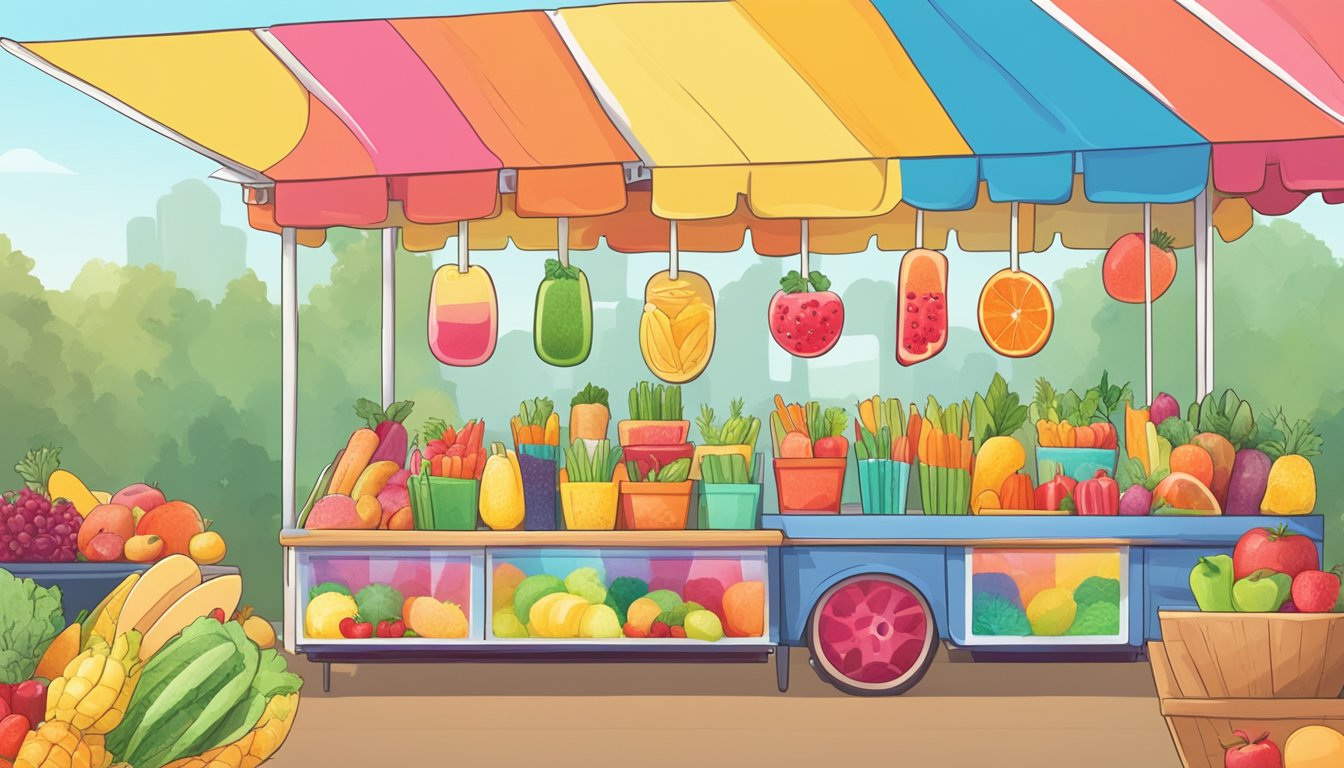 A colorful array of superfood popsicles on display at a stand, surrounded by vibrant fruits and vegetables