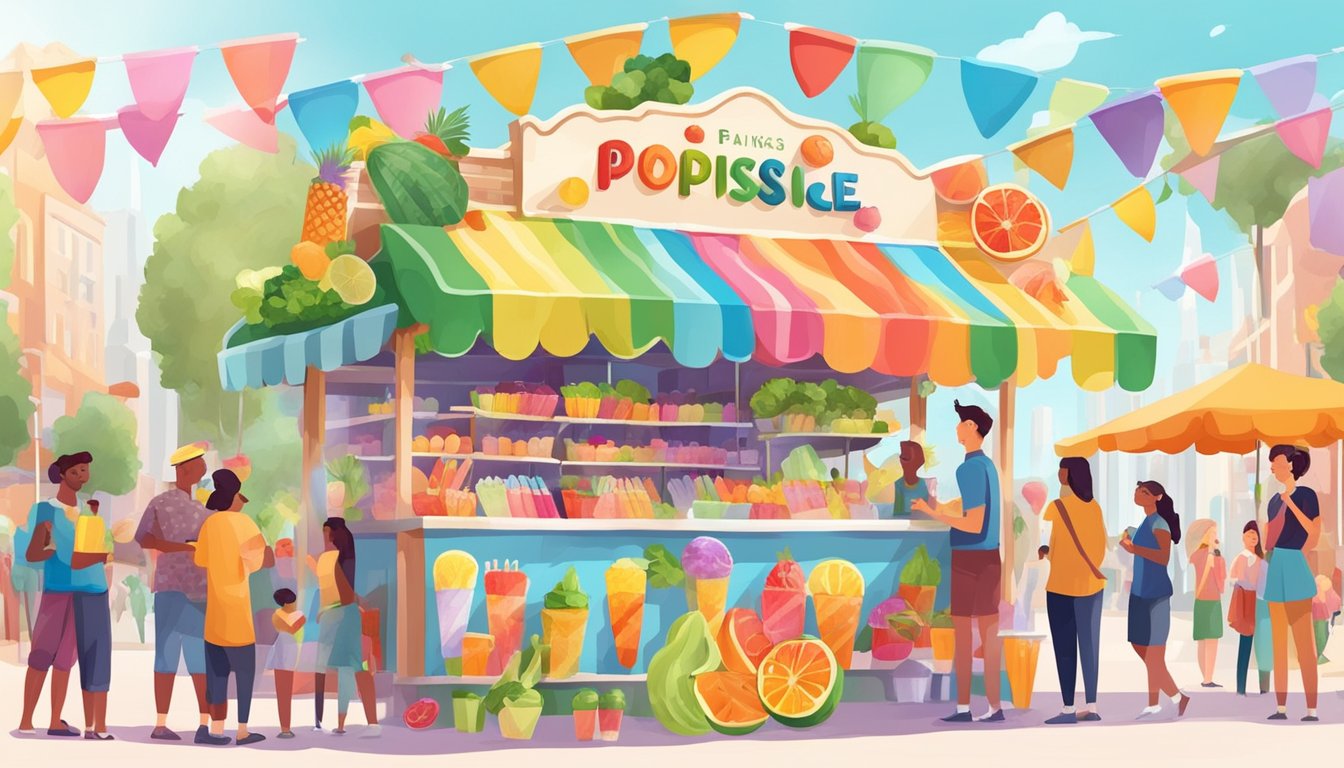 A colorful popsicle stand with various fruits and vegetables, surrounded by vibrant banners and a crowd of people enjoying the frozen treats