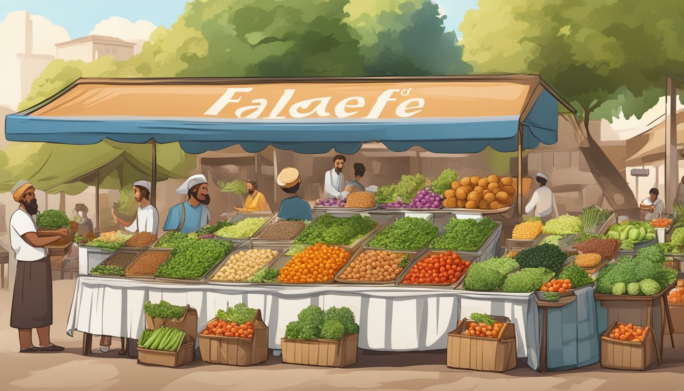 A bustling outdoor market with a colorful falafel stand surrounded by fresh vegetables and herbs, with a sign advertising the health benefits of Mediterranean superfood