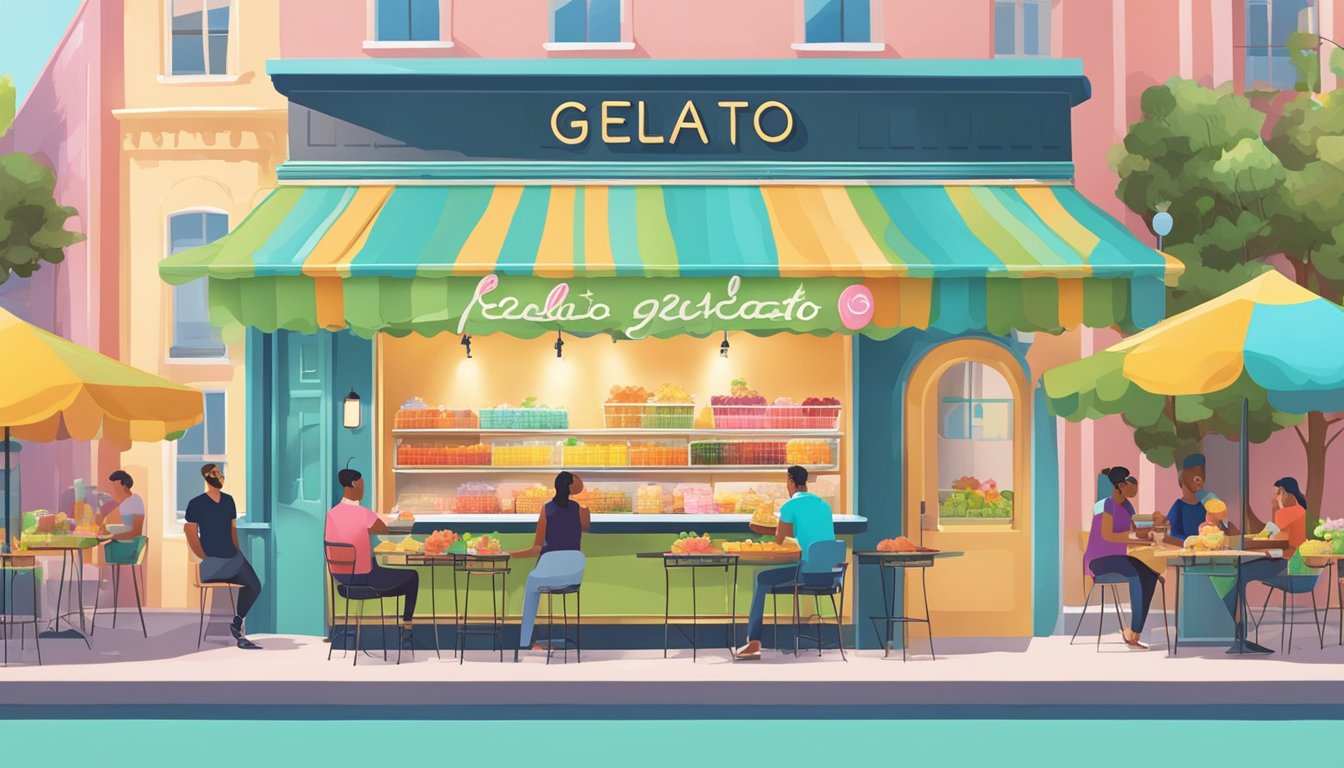 A colorful gelato shop with vibrant signage and a display of superfood gelato flavors. Customers savoring their treats at outdoor tables