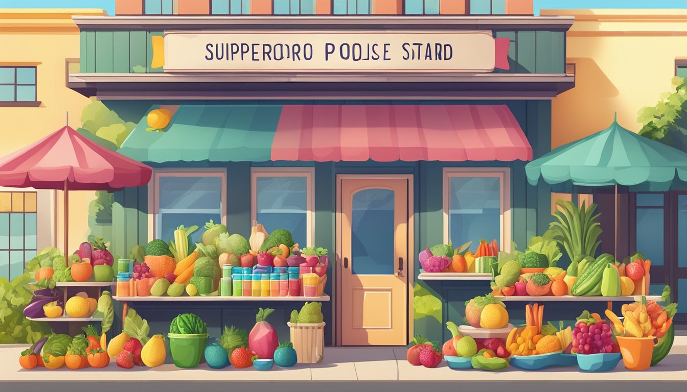 A colorful array of fresh fruits and vegetables, a variety of popsicle molds, and a vibrant sign promoting "Superfood Popsicle Stand" on a sunny day