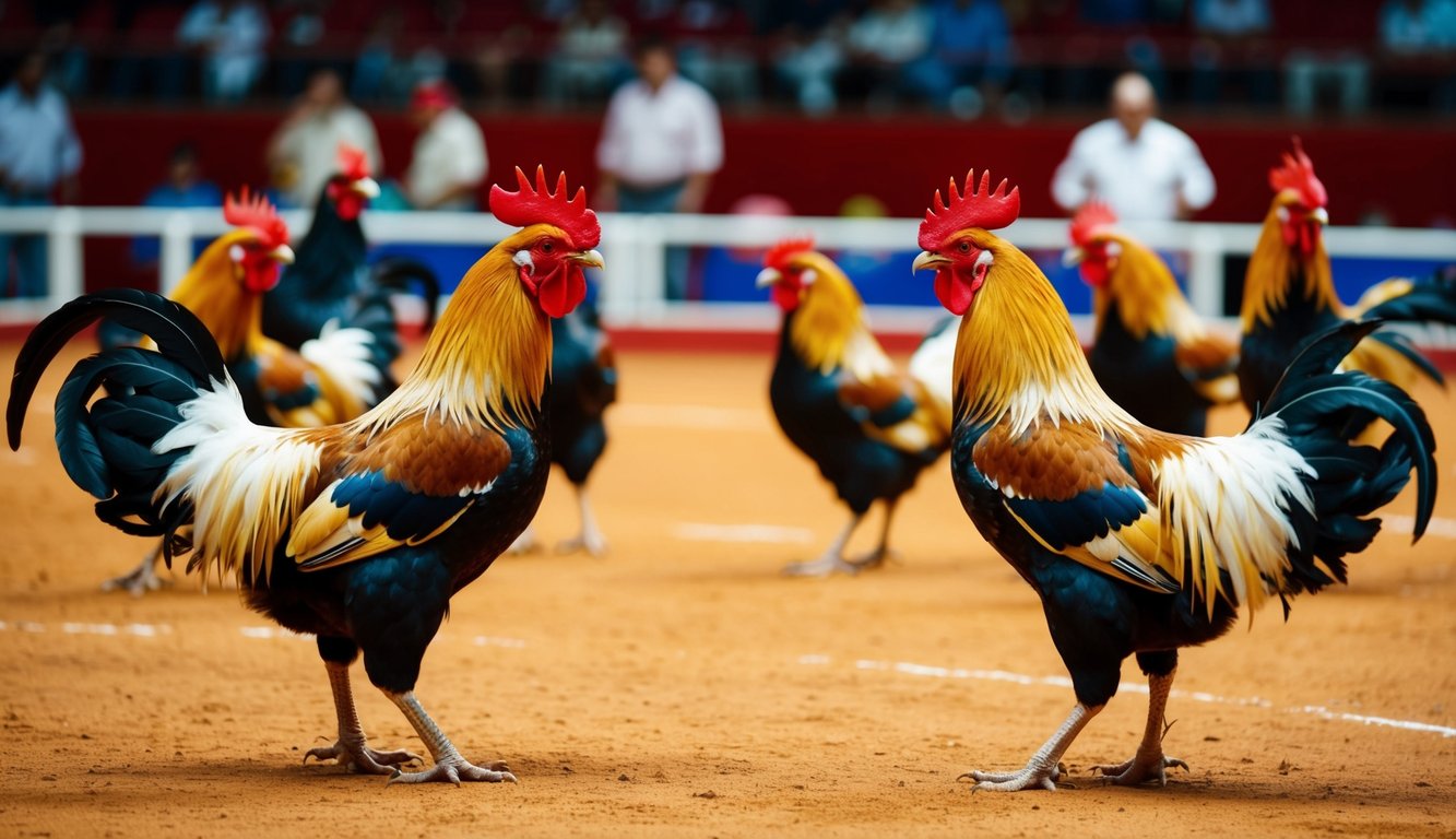 Sebuah arena yang ramai dengan ayam jantan berwarna-warni berhadapan dalam acara sabung ayam resmi