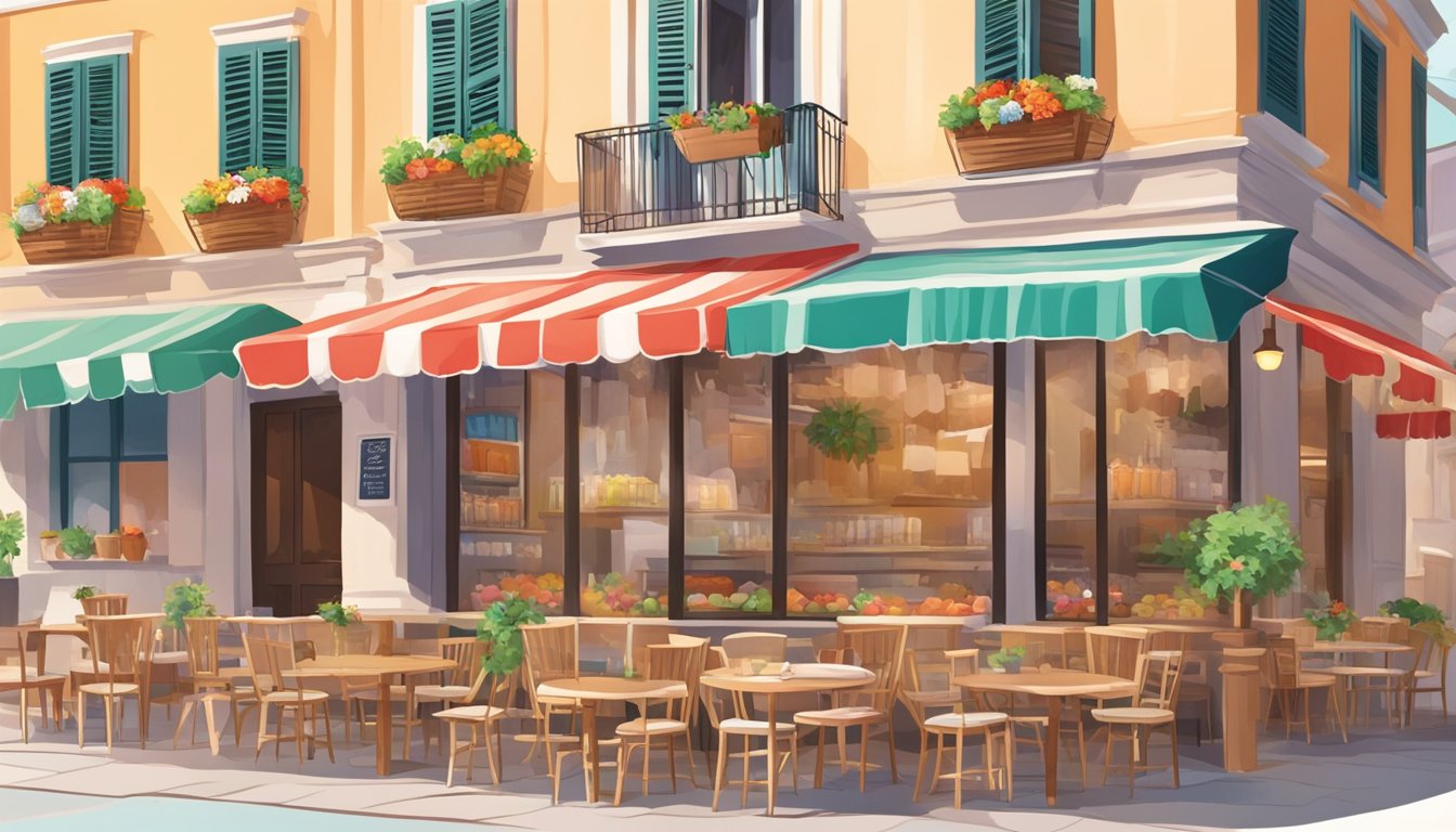 A colorful gelato shop with Italian flags, traditional architecture, and a bustling outdoor seating area