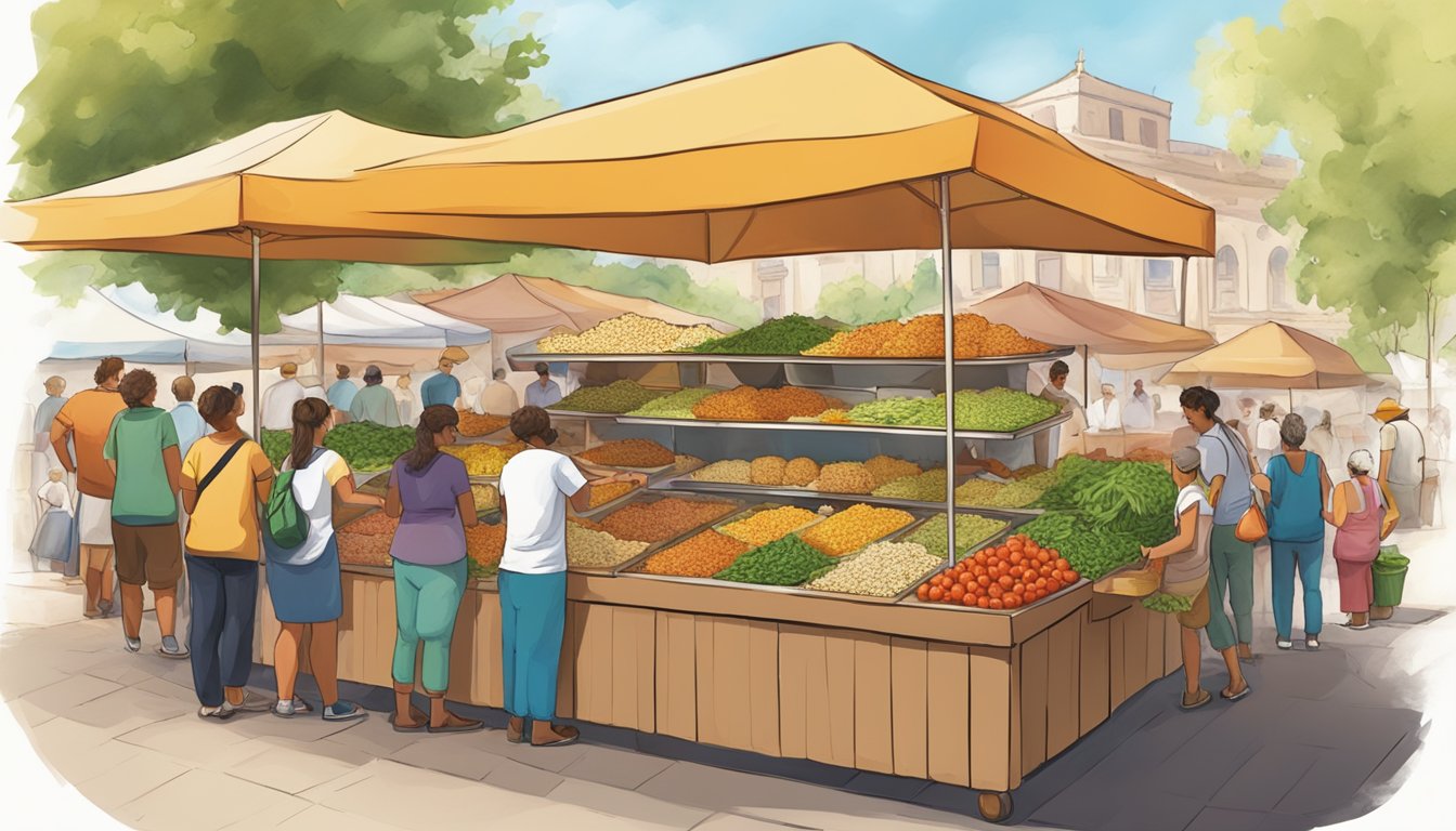 A bustling outdoor market with a colorful falafel stand surrounded by vibrant Mediterranean produce and herbs. Customers eagerly line up to order the nutritious, flavorful falafel balls