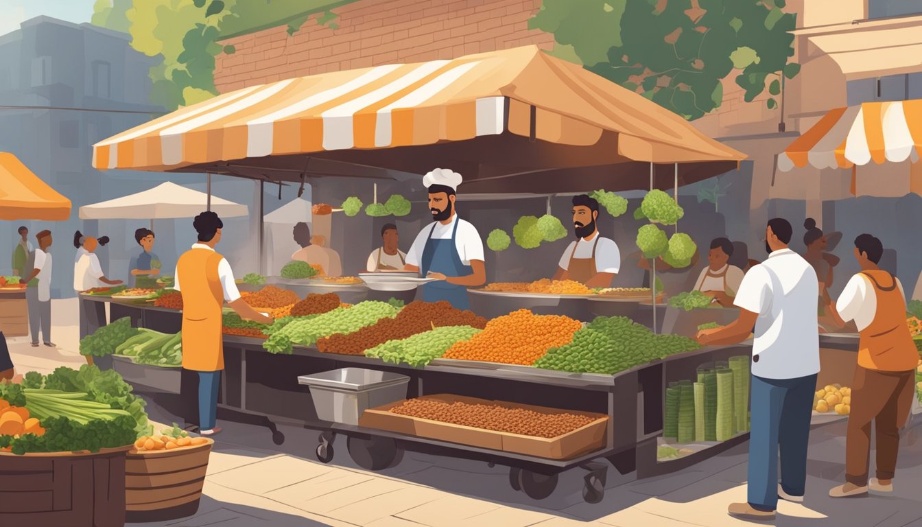 A bustling outdoor market with a colorful falafel stand surrounded by fresh vegetables, herbs, and spices. The chef is skillfully shaping and frying falafel balls while customers eagerly wait in line