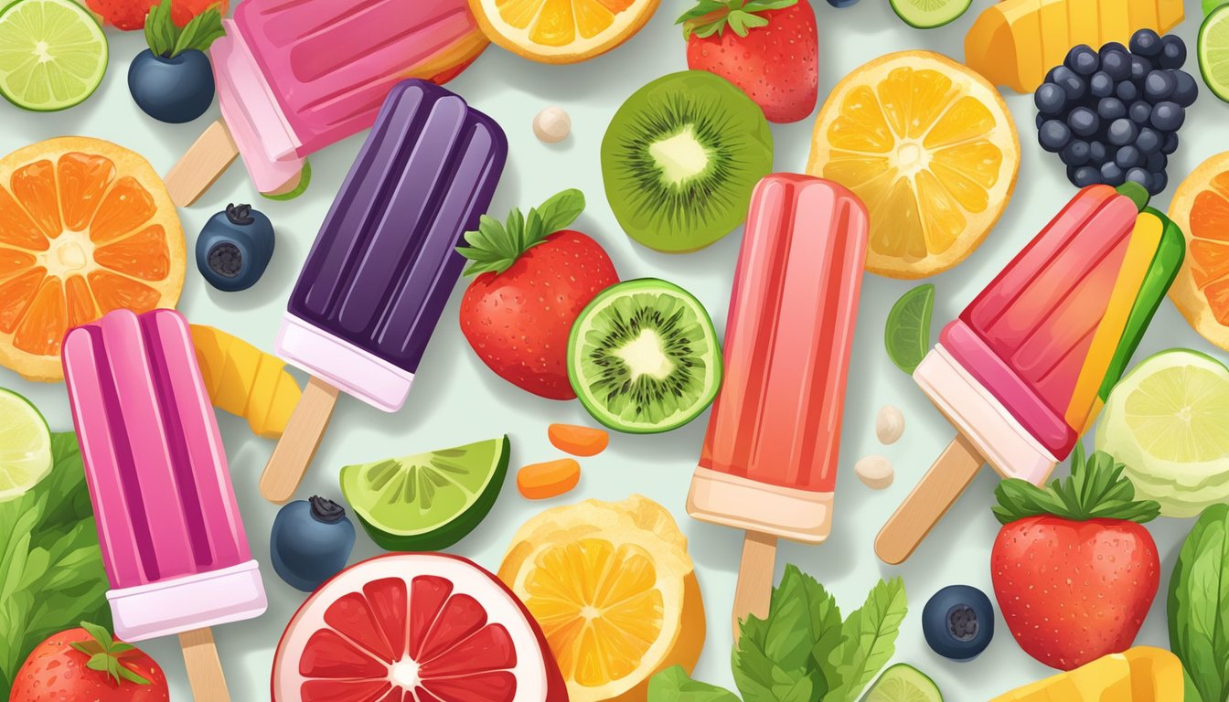 A colorful array of superfood popsicles displayed on a stand, surrounded by vibrant fruits and vegetables. The popsicles are labeled with various nutritional benefits and flavor variations