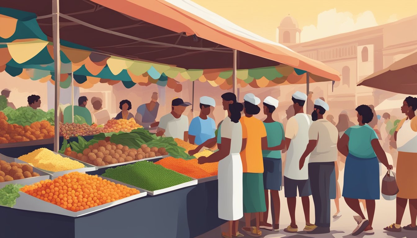 A bustling outdoor market with a colorful falafel stand surrounded by fresh vegetables and Mediterranean spices. Customers eagerly line up to sample the nutritious superfood