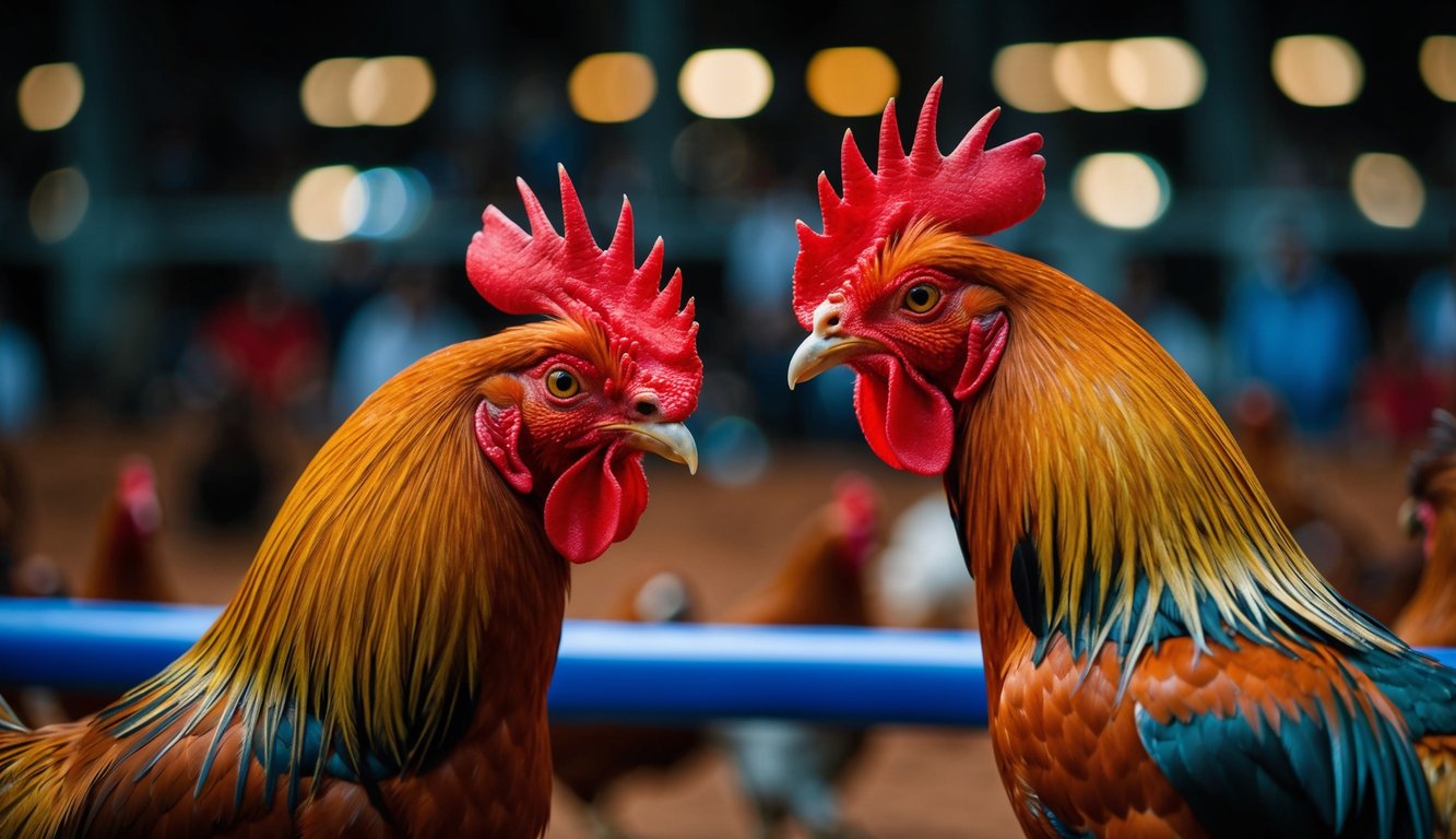 Dua ayam jantan berhadapan di arena sabung ayam online yang ramai