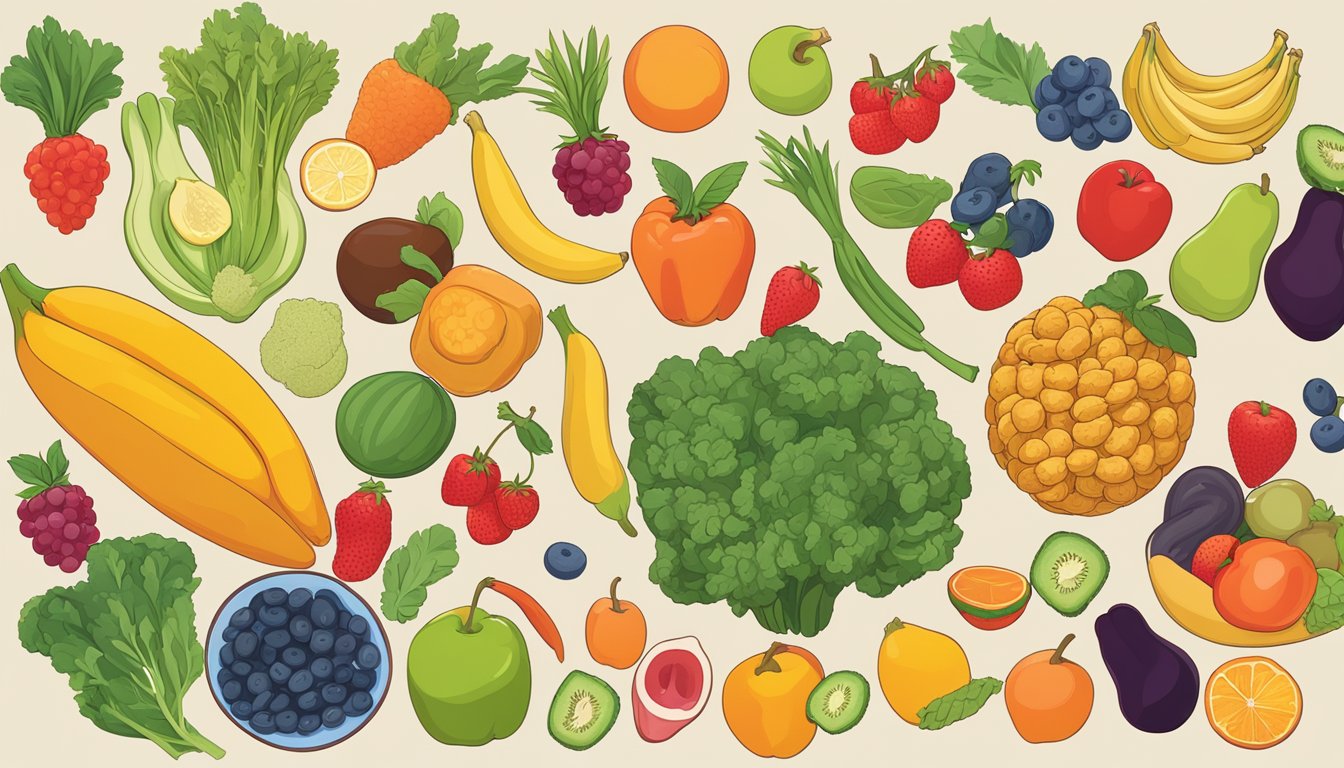 A vibrant array of colorful fruits, vegetables, and whole grains arranged on a table, with a kidney-shaped bowl filled with superfoods at the center