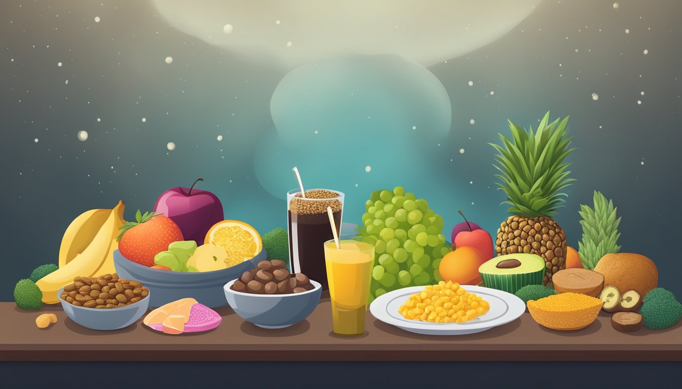 A table with unhealthy foods on one side and mood-boosting superfoods on the other, with a dark, gloomy background to represent seasonal affective disorder