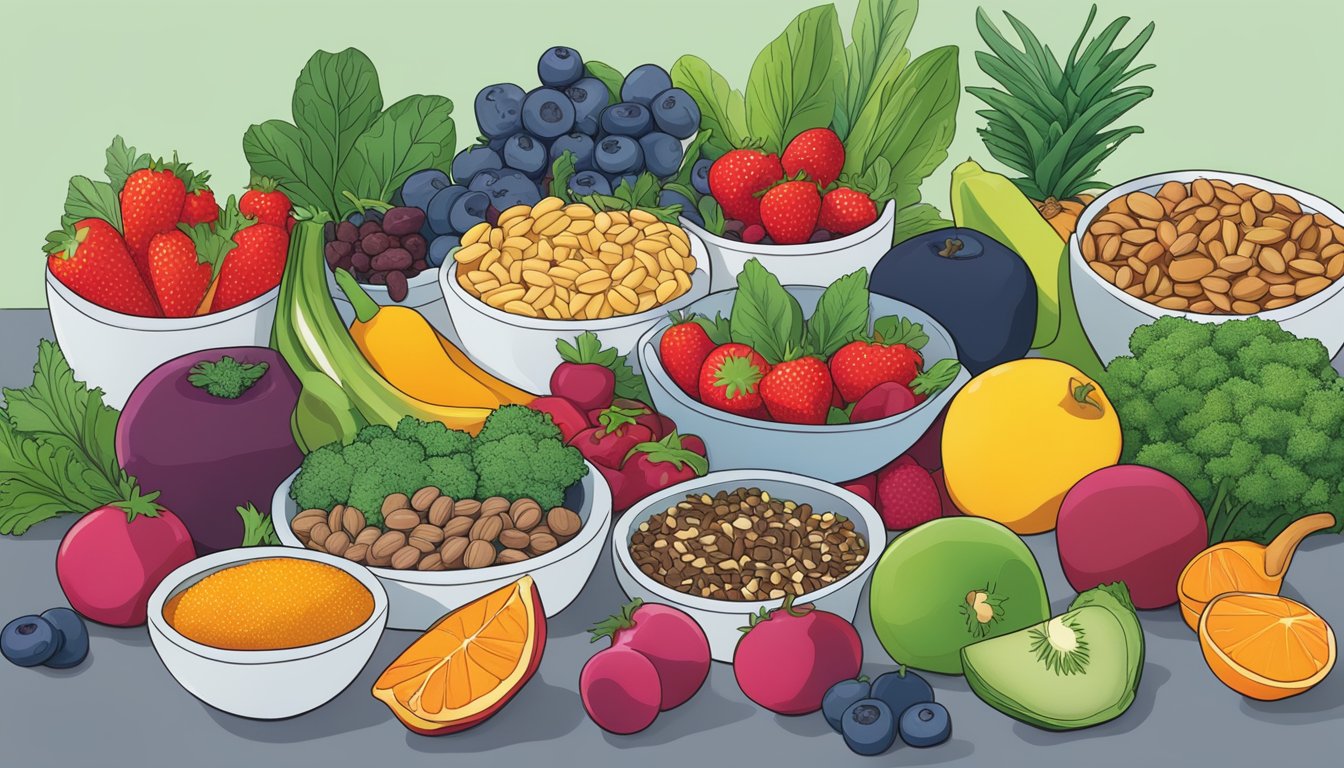 A colorful array of kidney-friendly superfoods arranged on a table, including berries, leafy greens, nuts, and seeds, with a vibrant backdrop of fresh fruits and vegetables