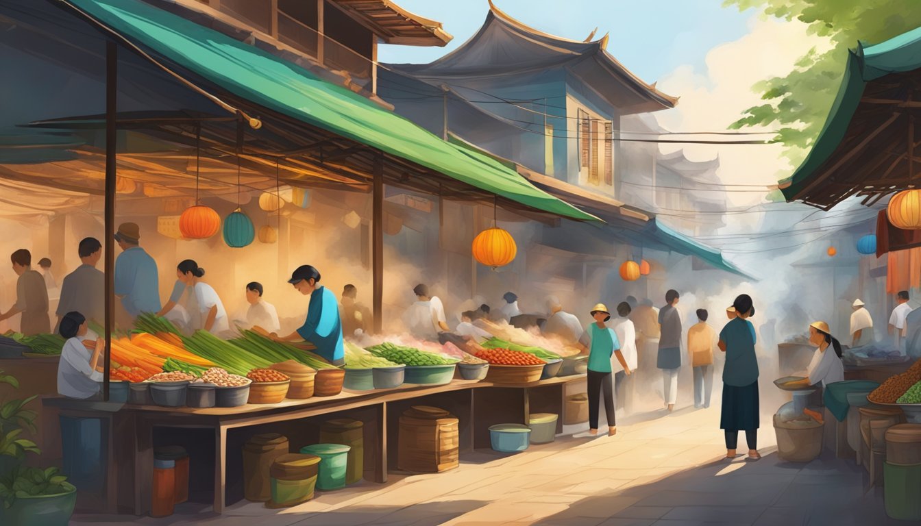 A bustling Vietnamese street market with colorful food stalls and aromatic steam rising from bowls of pho, surrounded by traditional architecture