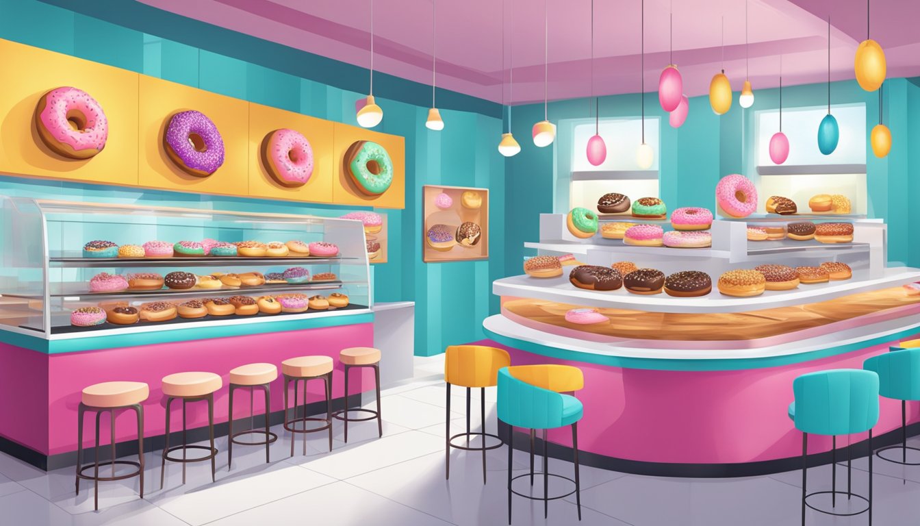 A modern, vibrant doughnut shop with sleek decor and a display of colorful, gourmet doughnuts. Customers enjoy unique flavors and toppings at stylish seating areas