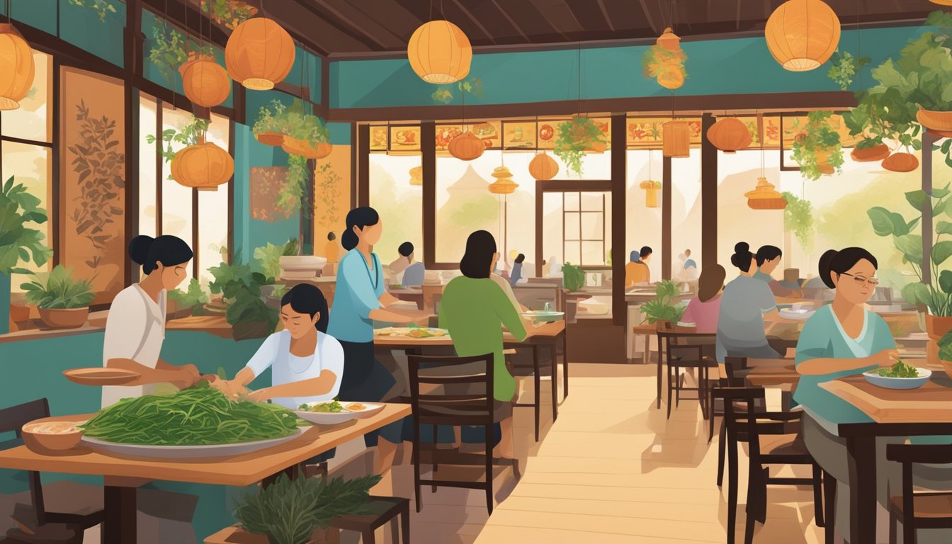 A bustling Vietnamese restaurant with steaming bowls of pho, colorful herbs, and fresh ingredients on display. The atmosphere is vibrant and inviting, with a focus on health and wellness