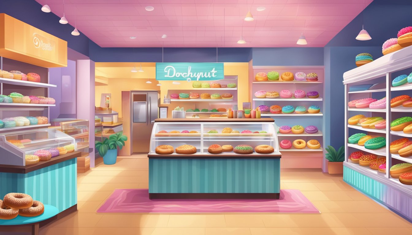 A vibrant, modern doughnut shop with colorful, healthy ingredients on display and a welcoming atmosphere